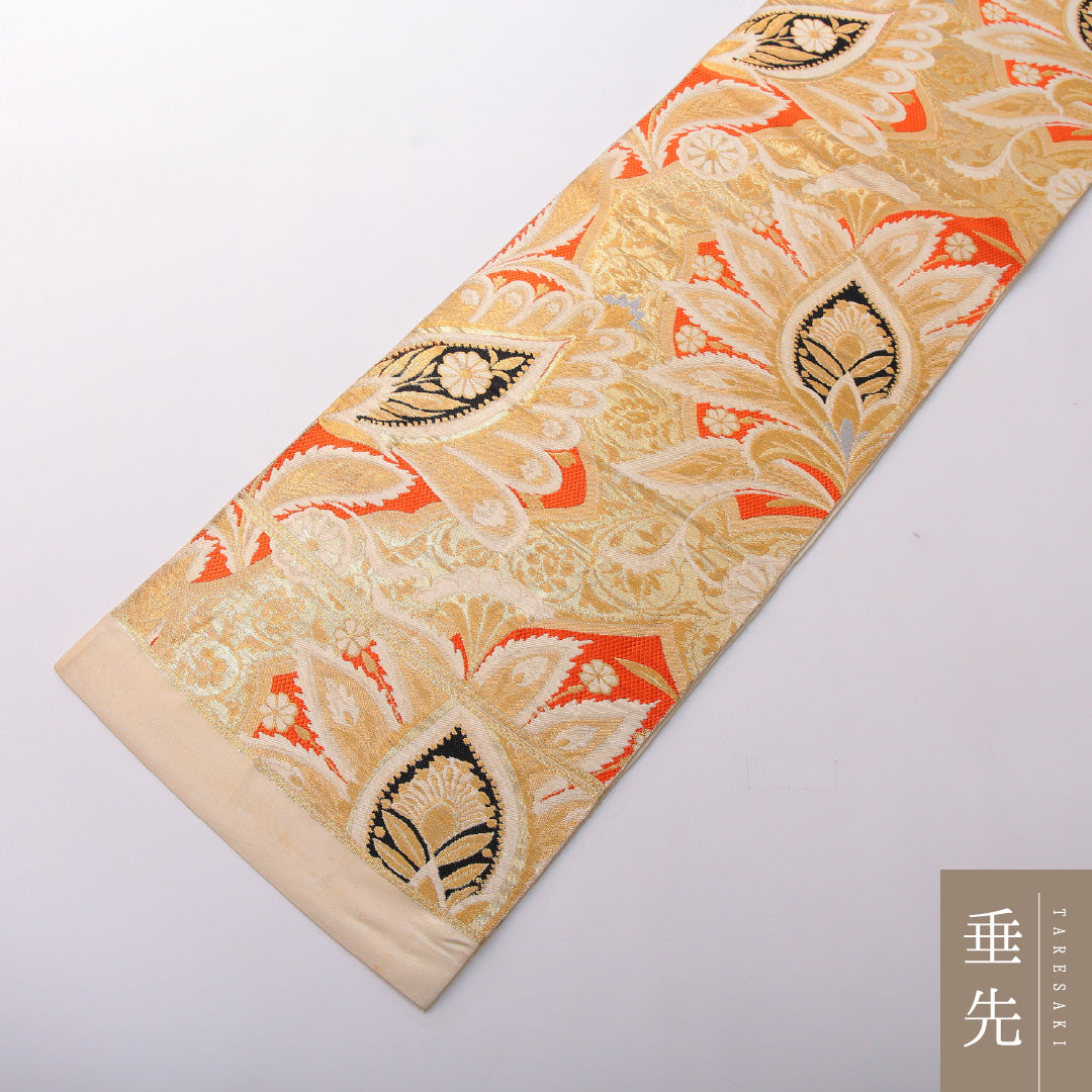 アンティーク 袋帯 帯丈412cm 六通 未仕立て 帯芯なし Cランク 正絹 植物柄 金系 1223-01991