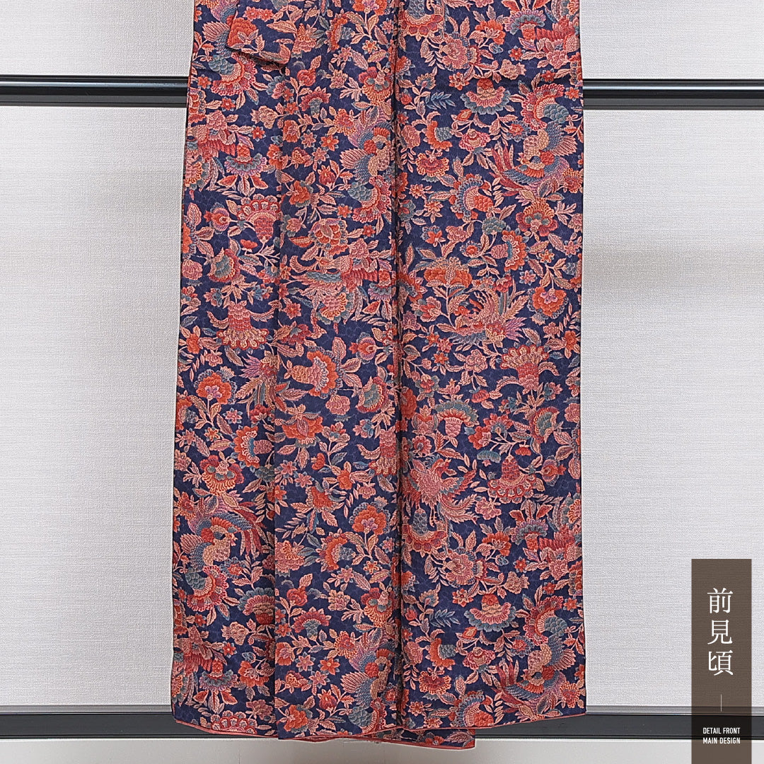 洗える着物 小紋 袷 身丈151cm 裄丈64cm ポリエステル Sランク インフォーマル バチ衿 Sサイズ 花柄 紺系 RP 1221-15958