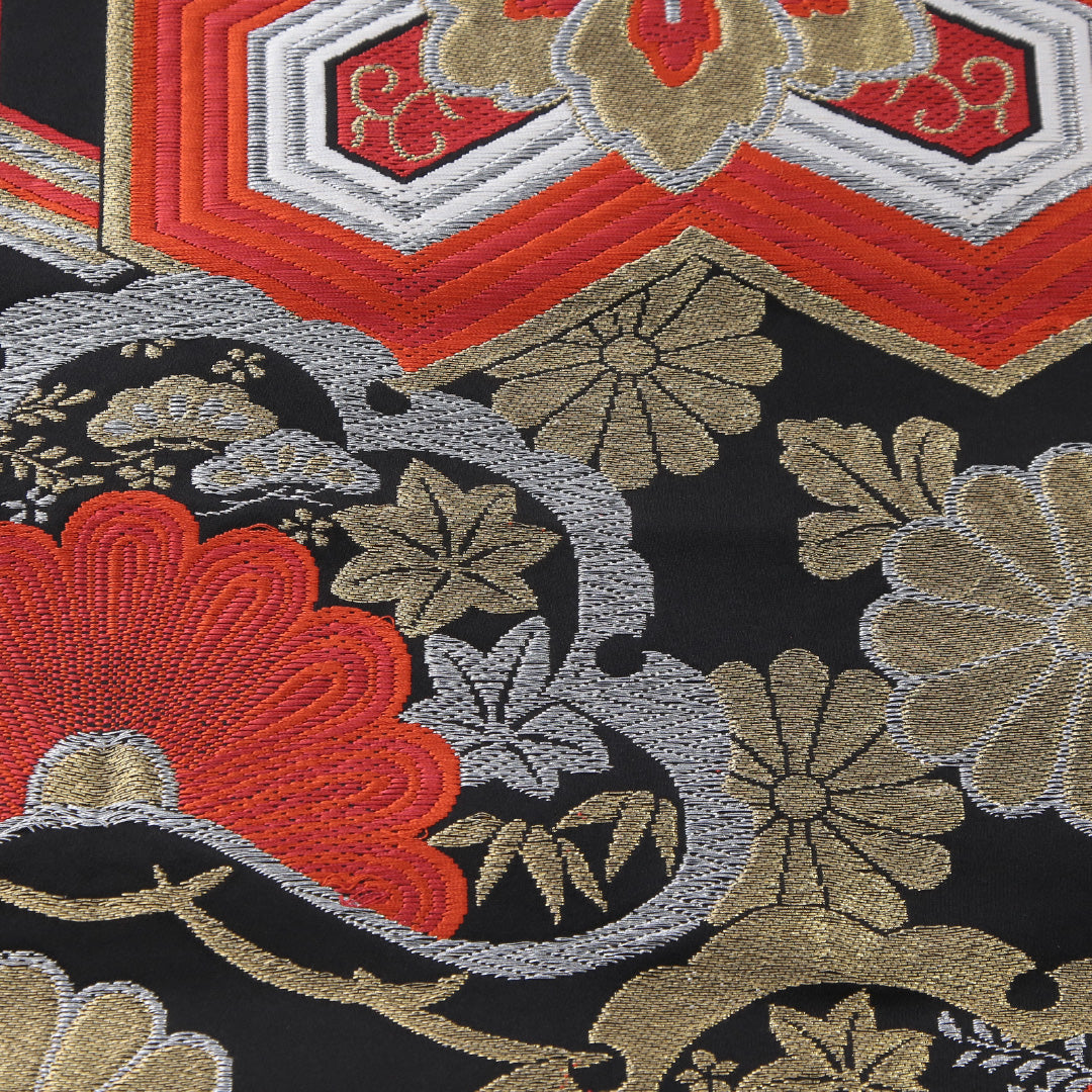 袋帯 帯丈414cm フォーマル 六通 未仕立て 帯芯なし Aランク 正絹 毘沙門亀甲 菊 黒系 1223-02229