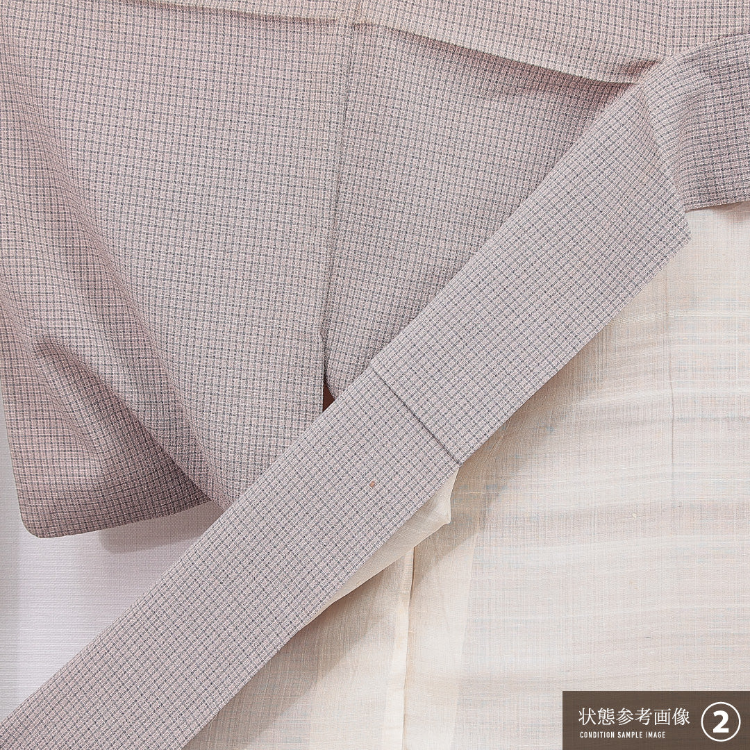 紬 袷 身丈151cm 裄丈62cm 正絹 Dランク Sサイズ 広衿 カジュアル 格子 グレー系 1216-15527