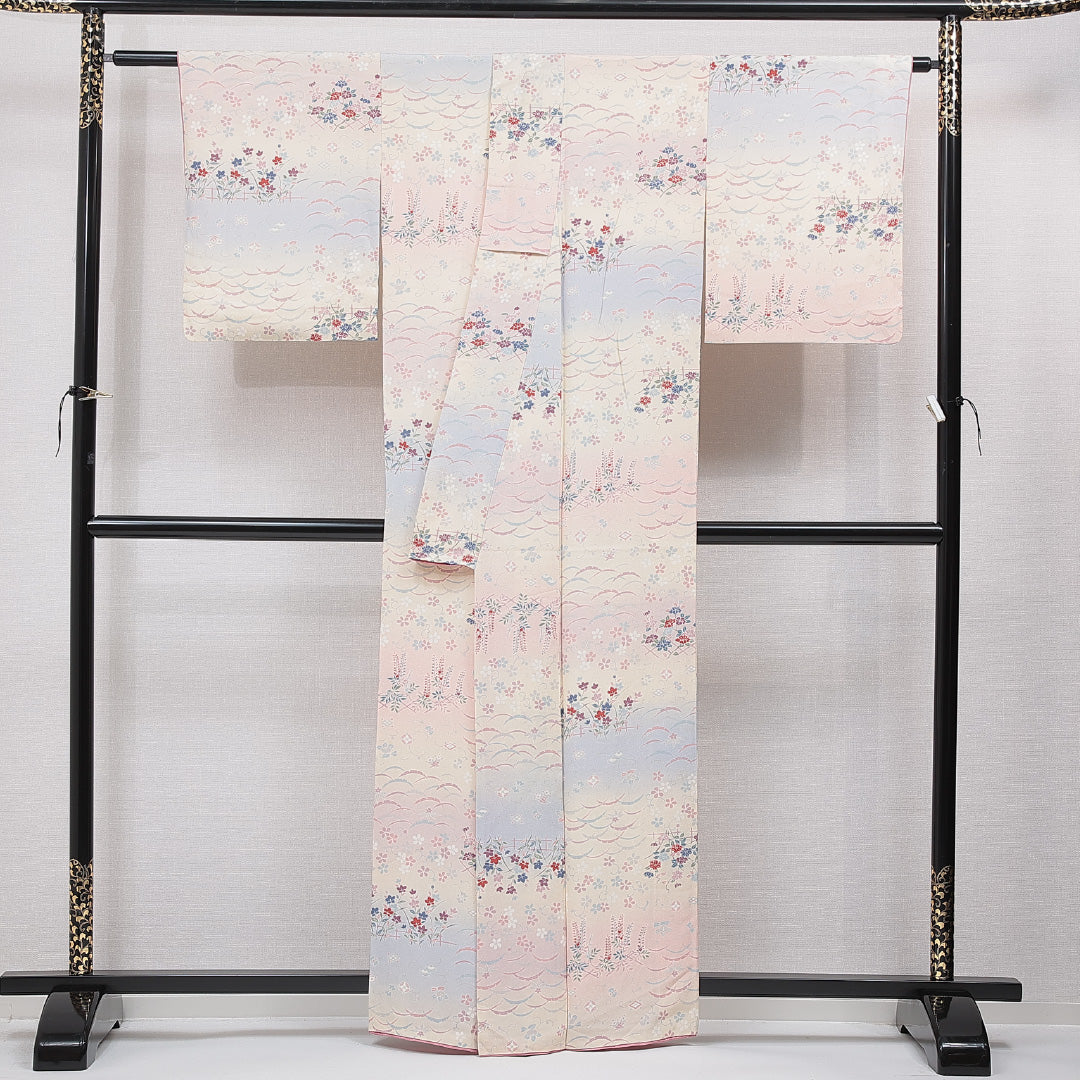 小紋 袷 身丈161cm 裄丈64cm 正絹 Cランク インフォーマル 広衿 Lサイズ 古典柄 クリーム系 HP 1221-15509