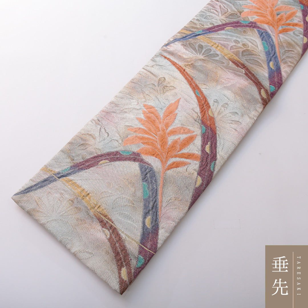 袋帯 帯丈444cm 正絹 六通 セミフォーマル 綴れ織 植物柄 銀系 1243-02030