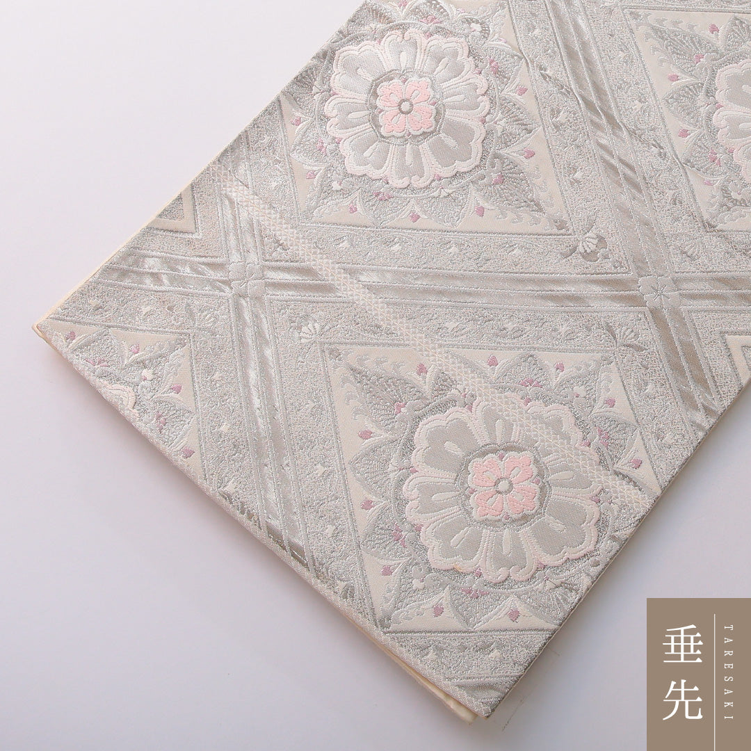 袋帯 帯丈426cm 正絹 六通 フォーマル 宝相華 菱つなぎ 銀系 1243-01993