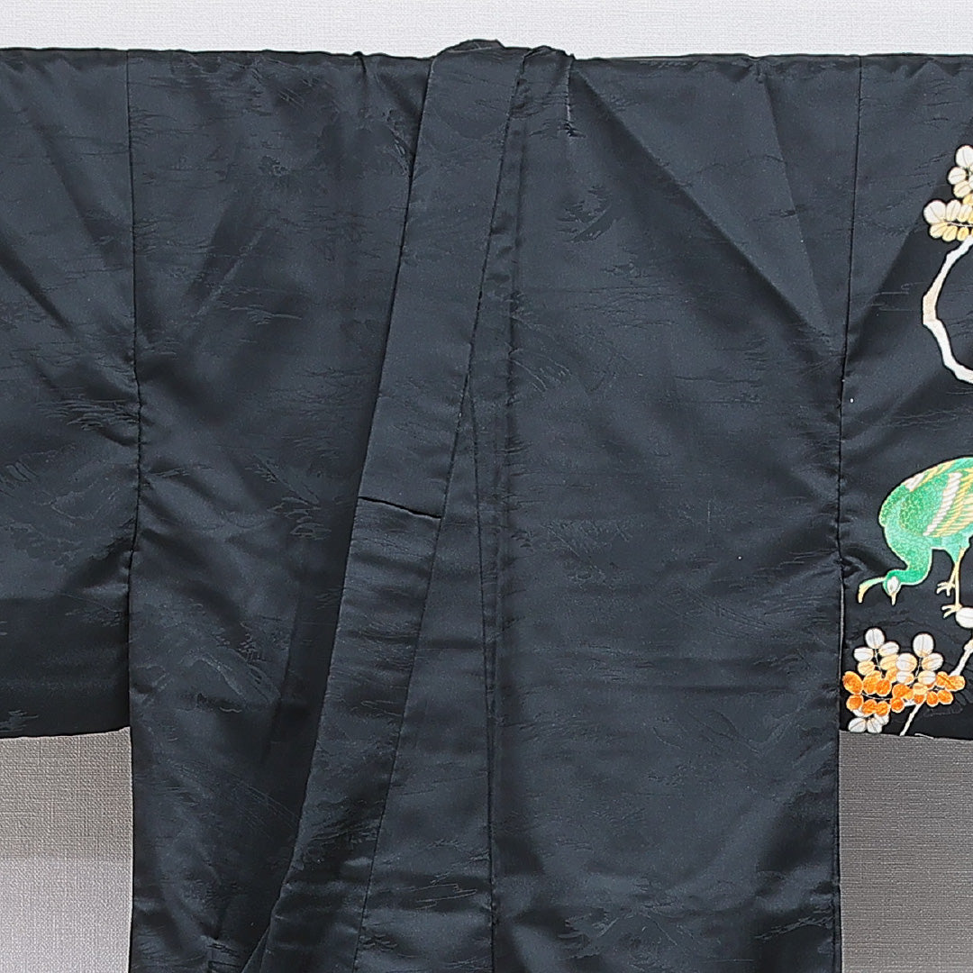 訪問着 洗える着物 袷 身丈164cm 裄丈63cm ポリエステル Sランク Lサイズ バチ衿 セミフォーマル 孔雀 金駒刺繍 黒系 1212-16287