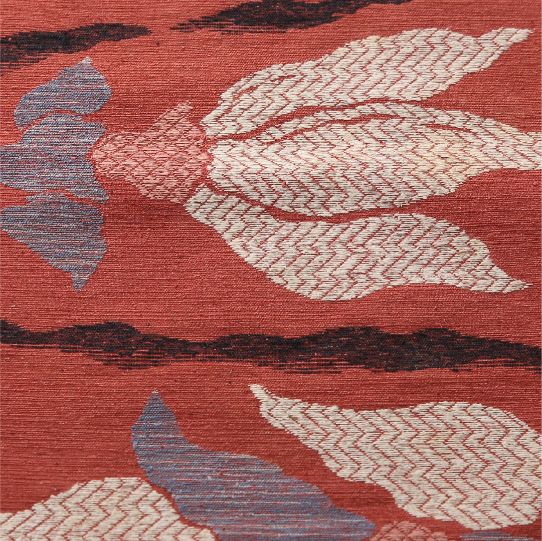 八寸名古屋帯（紬） 帯丈348cm カジュアル 松葉仕立て 六通 Cランク 正絹 花柄 赤系 朱系 1224-03820