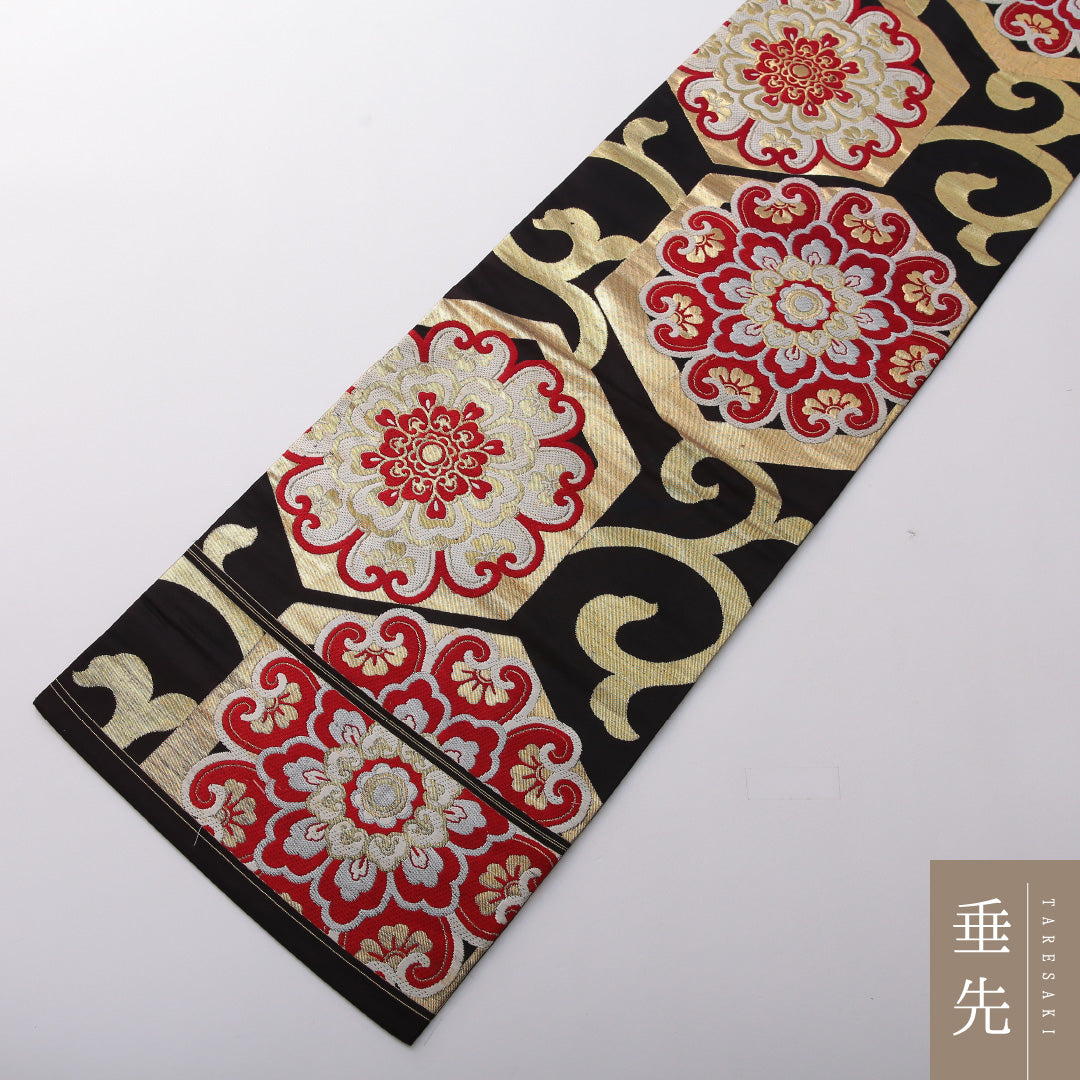 アンティーク 九寸名古屋帯 帯丈332cm セミフォーマル 名古屋仕立て 六通 Bランク 正絹 唐草 亀甲 黒系 1224-03543