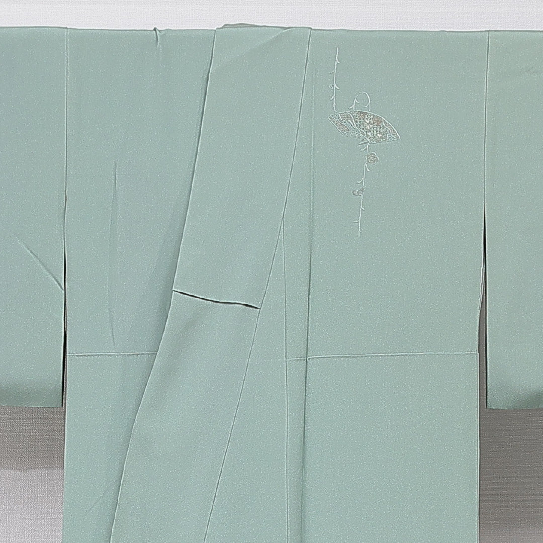 付下げ 袷 身丈153cm 裄丈60cm 正絹 Sランク Sサイズ 広衿 インフォーマル 扇 梅 蘇州刺繍 汕頭刺繡 緑系 1261-15675