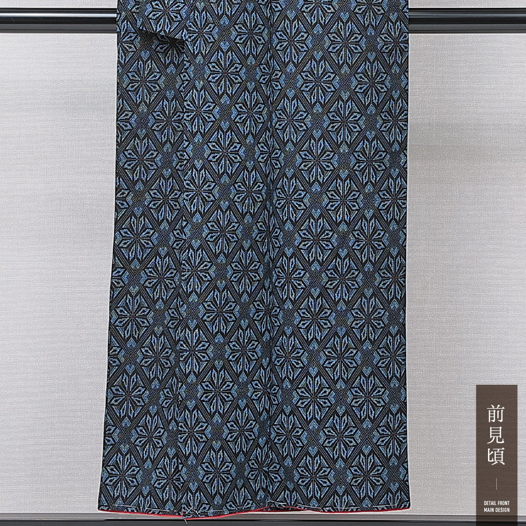 小紋 袷 身丈146cm 裄丈57cm 正絹 Bランク インフォーマル バチ衿 XSサイズ 幾何学柄 紺系 RP 1221-15146