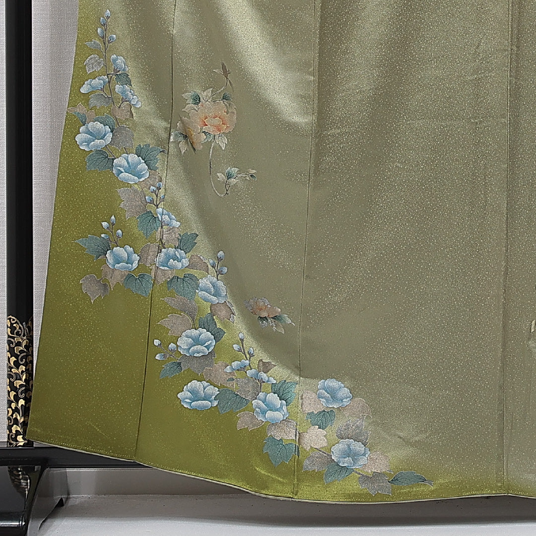 訪問着 袷 身丈161cm 裄丈67cm 正絹 Cランク Lサイズ 広衿 セミフォーマル 牡丹 緑系 1212-15660