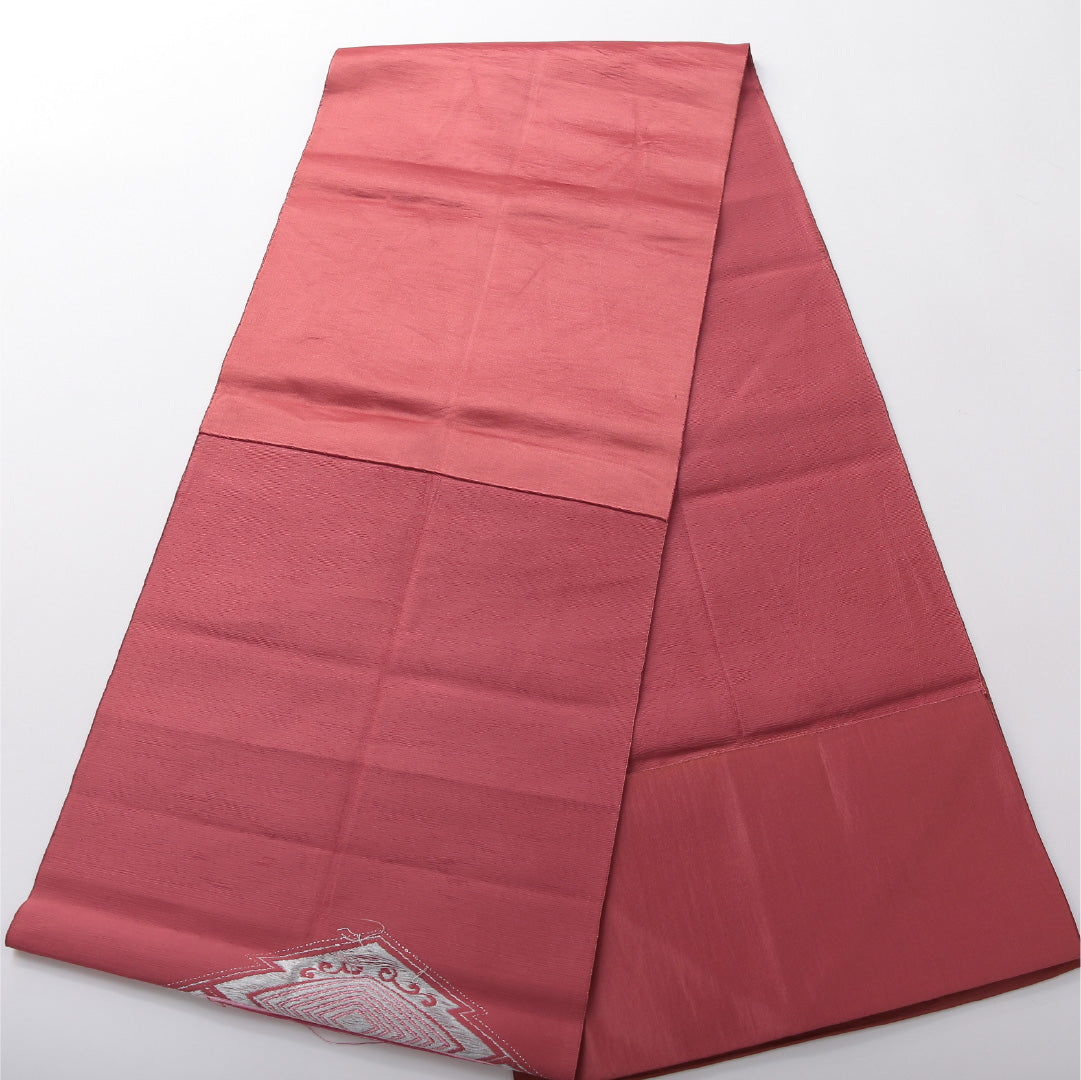 八寸名古屋帯 帯丈336cm セミフォーマル 松葉仕立て ポイント柄 Cランク 正絹 松皮菱 赤系 ピンク系 1224-03692