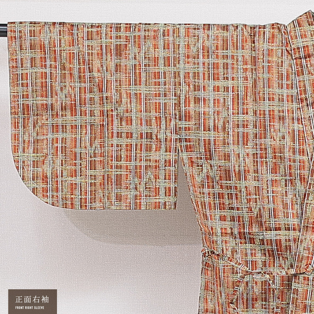 道中着 袷 身丈73cm 裄丈62cm 正絹 Sランク カジュアル Sサイズ 格子 茶系 RP 1236-16444
