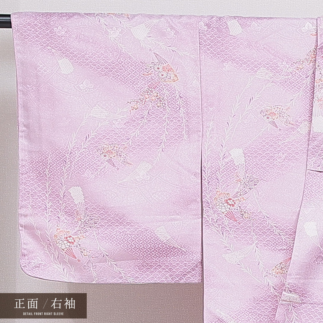 洗える着物 小紋 袷 身丈158cm 裄丈64cm ポリエステル Sランク インフォーマル 広衿 Mサイズ 吉祥文様 紫系 RP 1221-15981