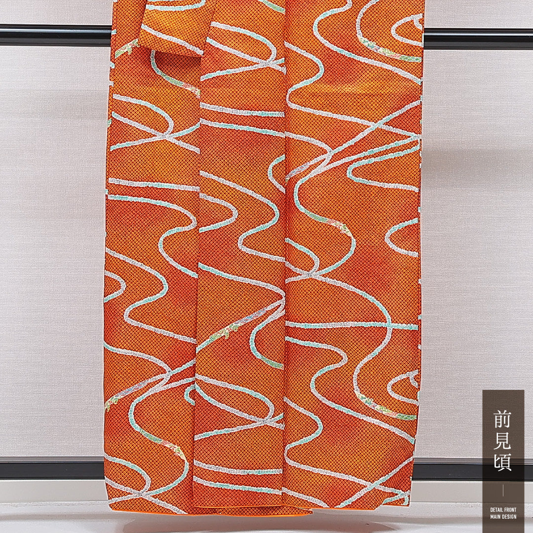 小紋 単衣 身丈158cm 裄丈64cm 正絹 Sランク Mサイズ 広衿 インフォーマル 創作柄 朱系 1215-15686