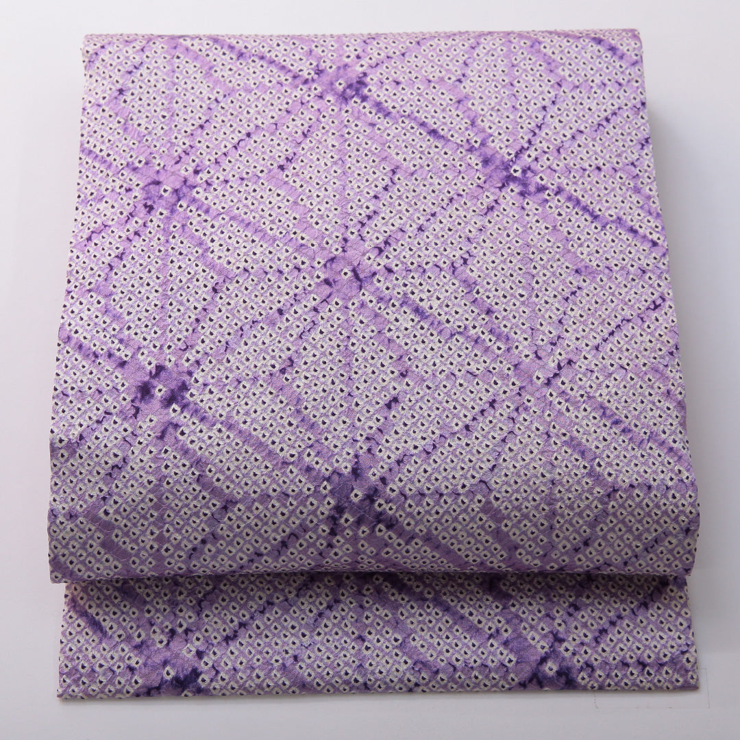 九寸名古屋帯 帯丈341cm カジュアル 名古屋仕立て 全通 Cランク 正絹 絞り柄 紫系 1224-03498