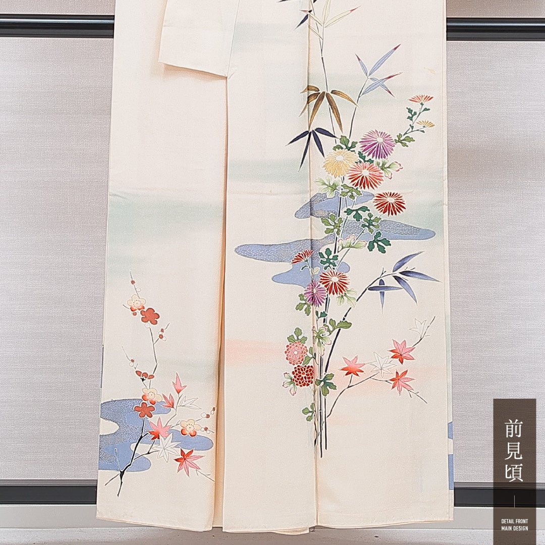 付下げ 袷 身丈156cm 裄丈62cm 正絹 Cランク Mサイズ 広衿 インフォーマル ちりめん 流水 菊 クリーム系 1261-16666