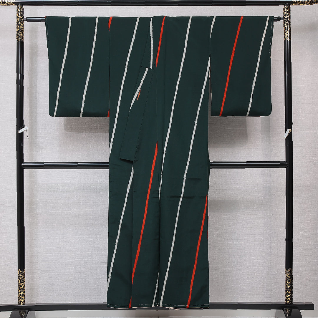 アンティーク お召 袷 身丈152cm 裄丈66cm 正絹 Cランク バチ衿 Sサイズ 創作柄 緑系 RP 1222-16762