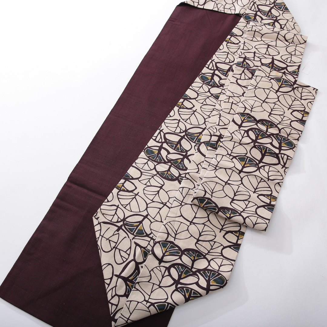 九寸名古屋帯（紬） 帯丈395cm カジュアル 名古屋仕立て 全通 Cランク 正絹 染め帯 後染め 創作柄 クリーム系 1224-03919