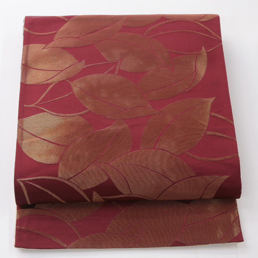 袋帯 帯丈424cm セミフォーマル 全通 リバーシブル 帯芯なし Sランク 正絹 植物柄 クリーム系 赤系 1223-02241