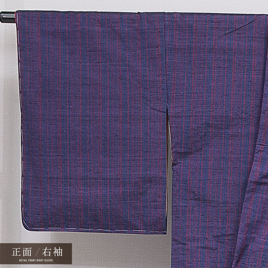 紬 袷 身丈160cm 裄丈65cm 正絹 Aランク カジュアル 広衿 Lサイズ 縞 紺系 RP 1223-16652