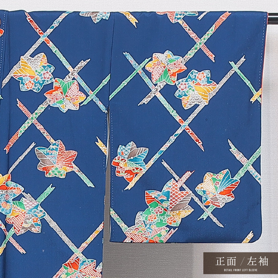 洗える着物 小紋 袷 身丈160cm 裄丈61cm ポリエステル Cランク インフォーマル 広衿 Lサイズ 古典柄 紺系 LP 1221-16442