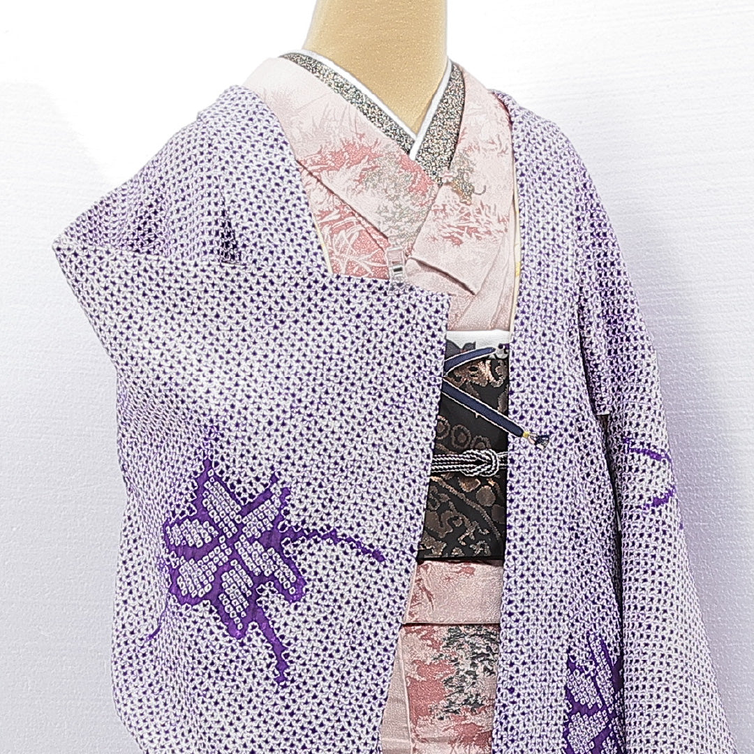 羽織 袷 身丈81cm 裄丈65cm 正絹 Aランク カジュアル バチ衿 Mサイズ 紐あり 楓 白系 RP 1232-15168