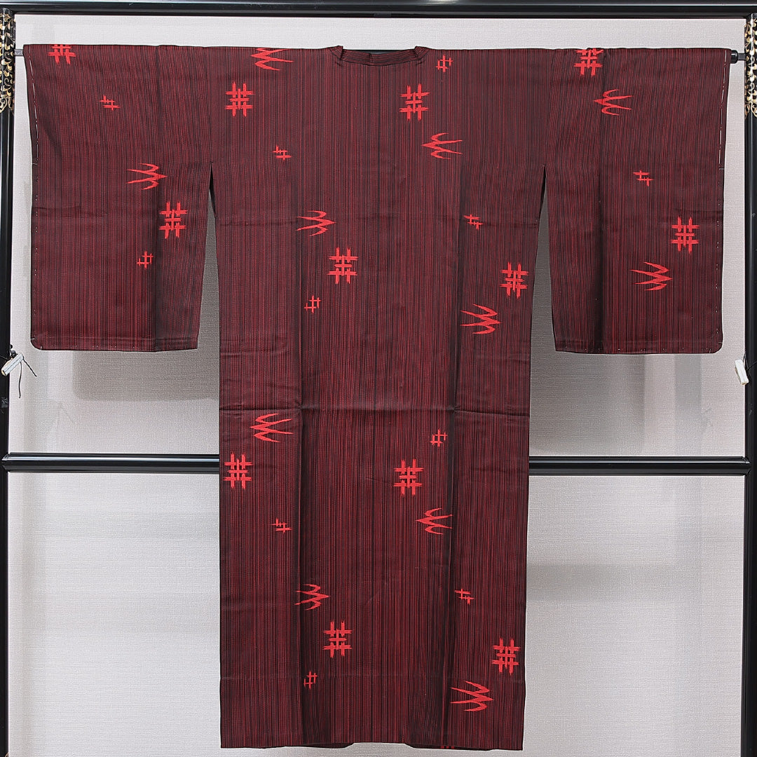 道行コート 単衣 身丈131cm 裄丈65cm 正絹 Sランク Mサイズ ポケットあり 井桁絣 赤系 RP 1237-16801