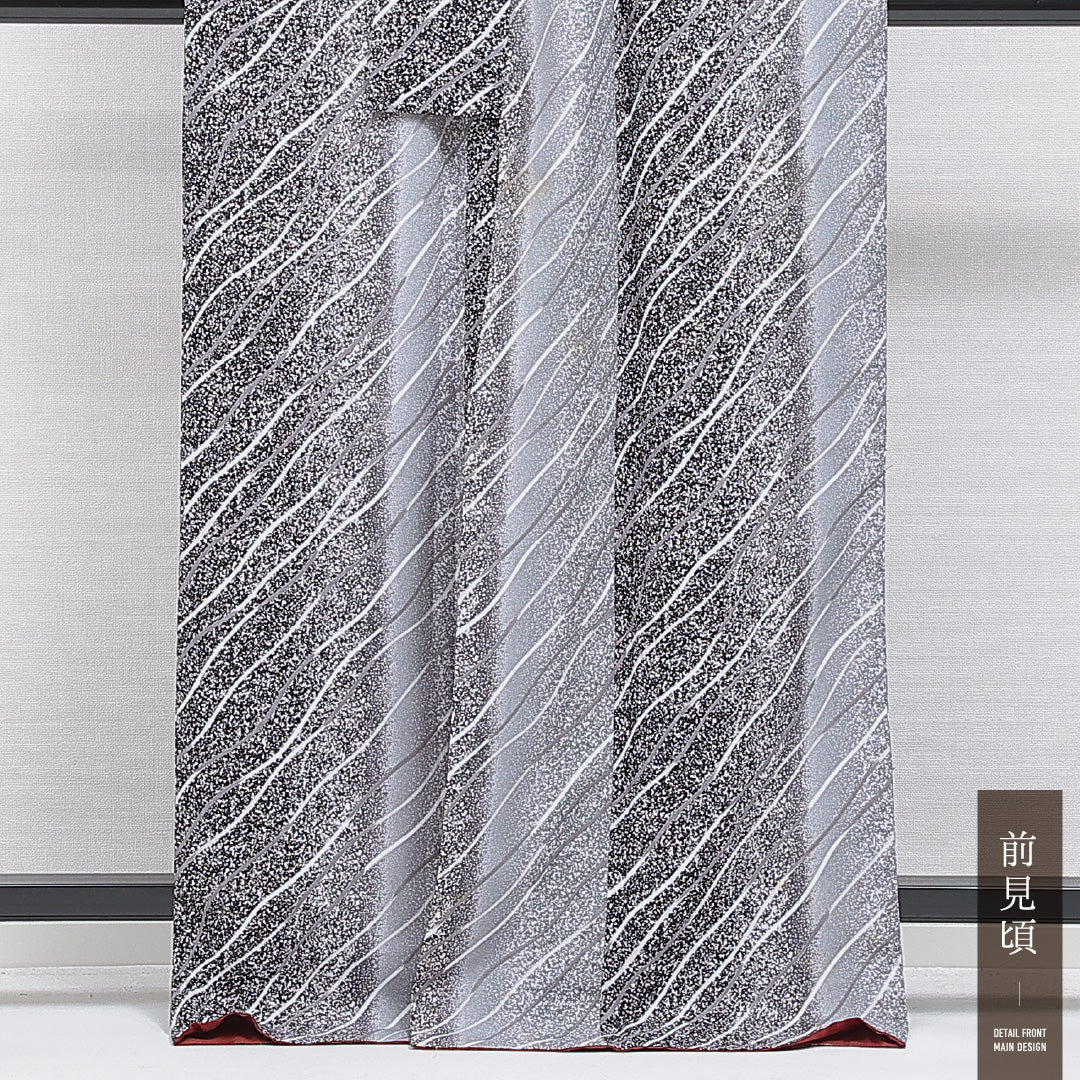 洗える着物 小紋 袷 身丈167cm 裄丈67cm ポリエステル Cランク インフォーマル 広衿 XLサイズ 抽象柄 グレー系 LP 1221-16246