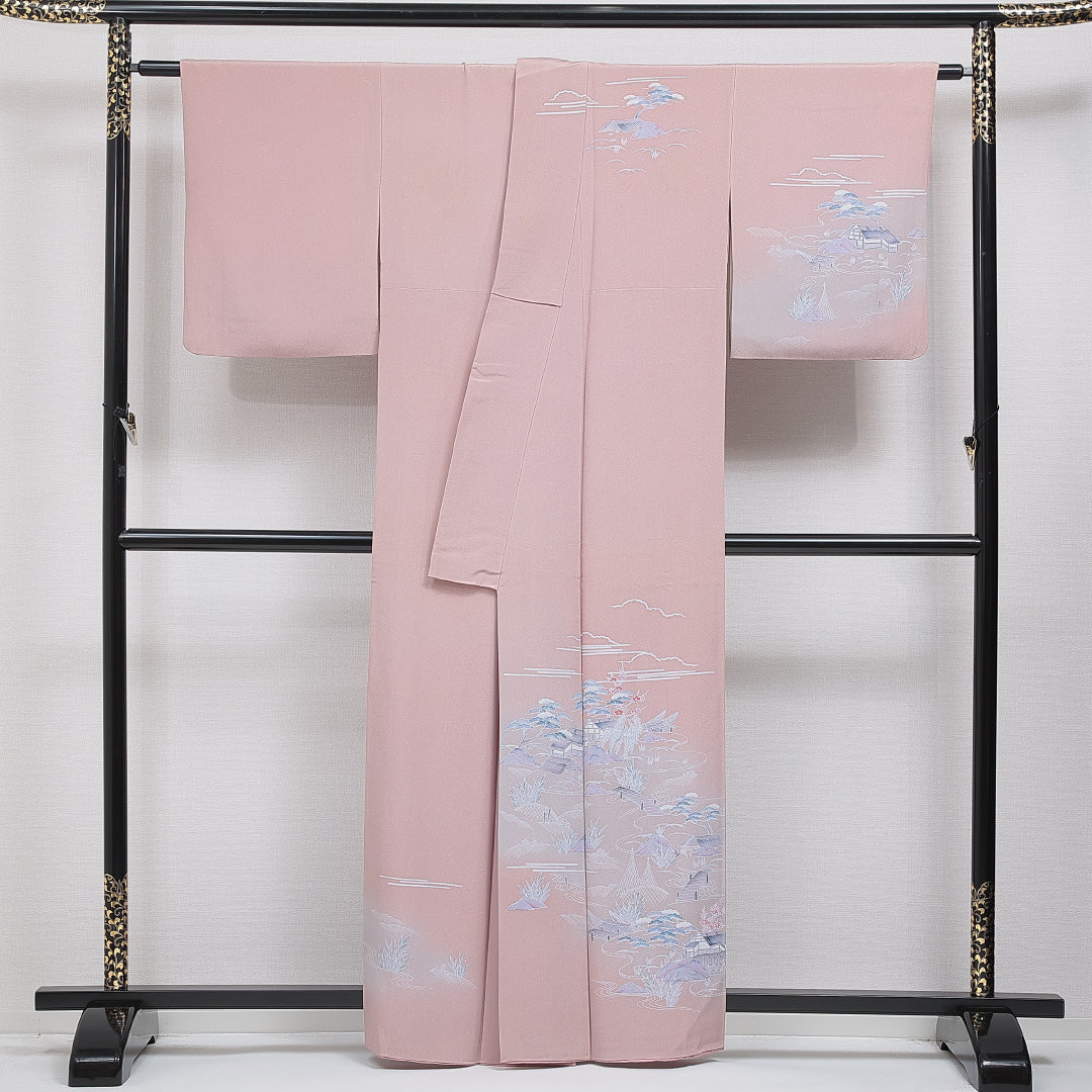 訪問着 袷 身丈161cm 裄丈64cm 正絹 Cランク セミフォーマル 広衿 Lサイズ ぼかし 茶屋辻 古典的 しとやか ピンク系 RP 1217-16045