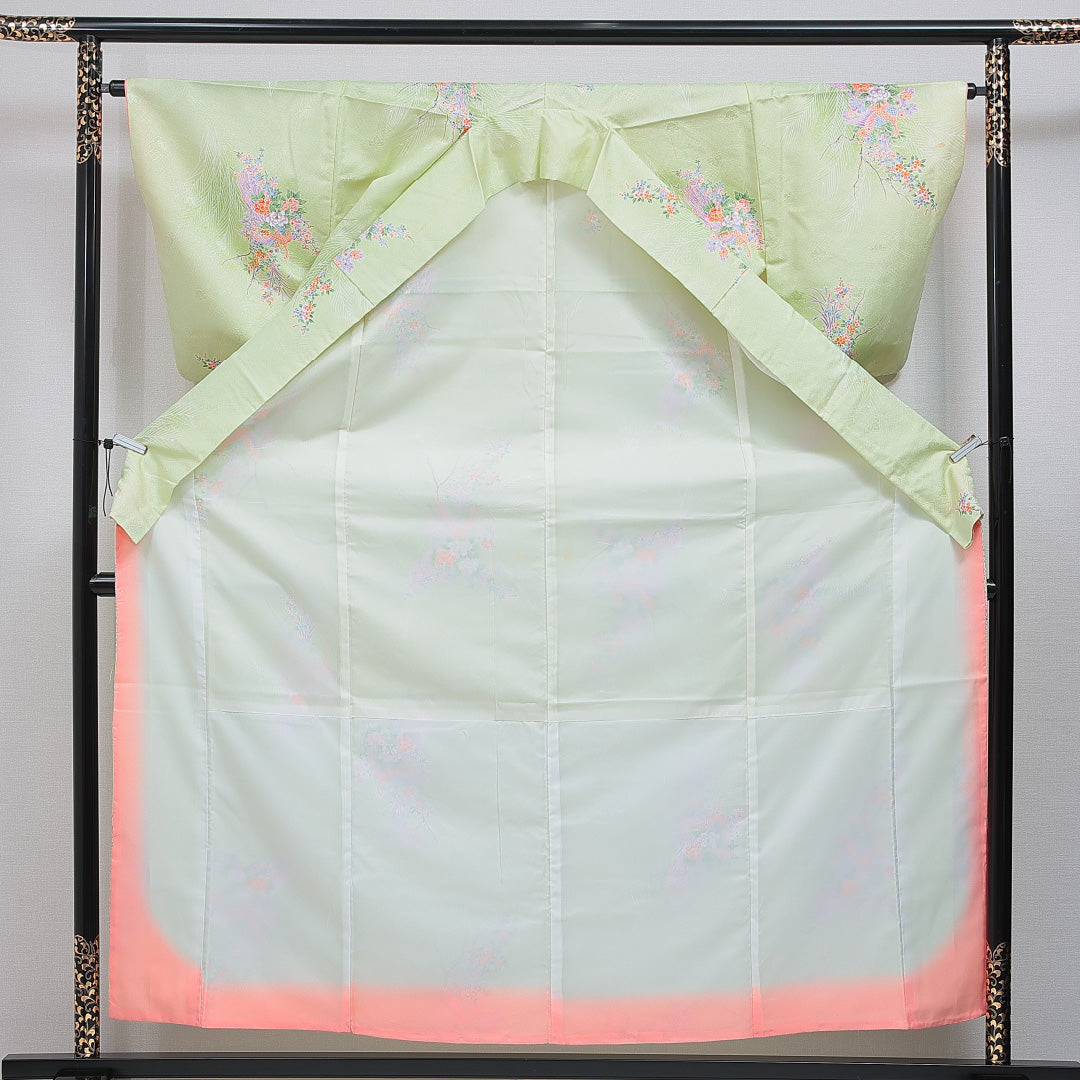 小紋 洗える着物 袷 身丈158cm 裄丈64cm ポリエステル Cランク Mサイズ 広衿 インフォーマル 花喰鳥 緑系 1215-16058