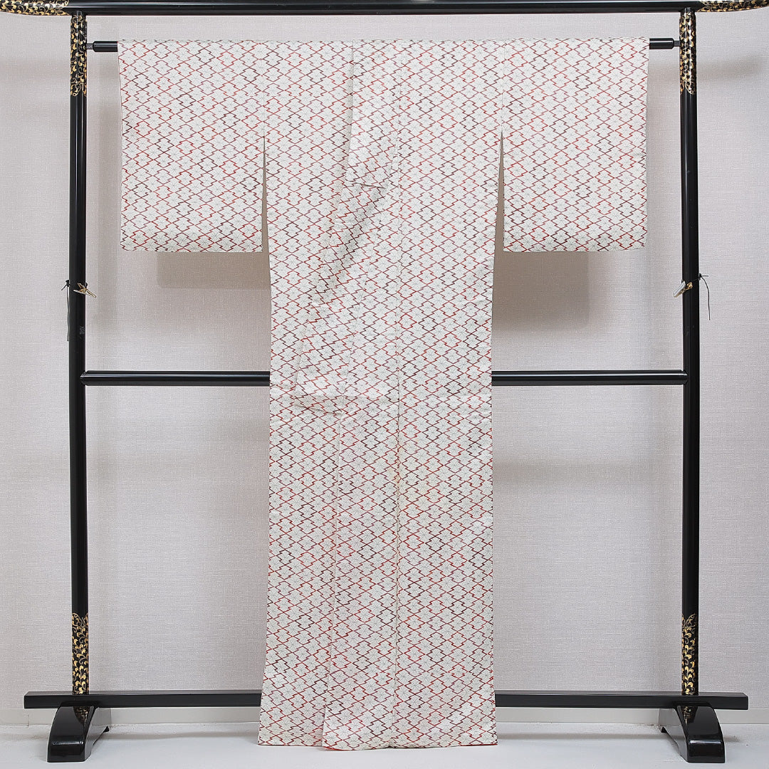 洗える着物 小紋 袷 身丈162cm 裄丈64cm ポリエステル Bランク インフォーマル 広衿 Lサイズ 七宝 松皮菱 白系 HP 1221-16113