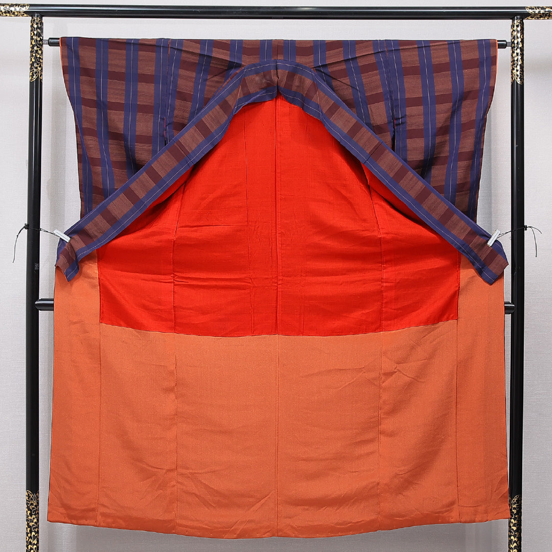 アンティーク 小紋 袷 身丈155cm 裄丈63cm 正絹 Dランク Mサイズ 広衿 格子 茶系 青系 1215-15576