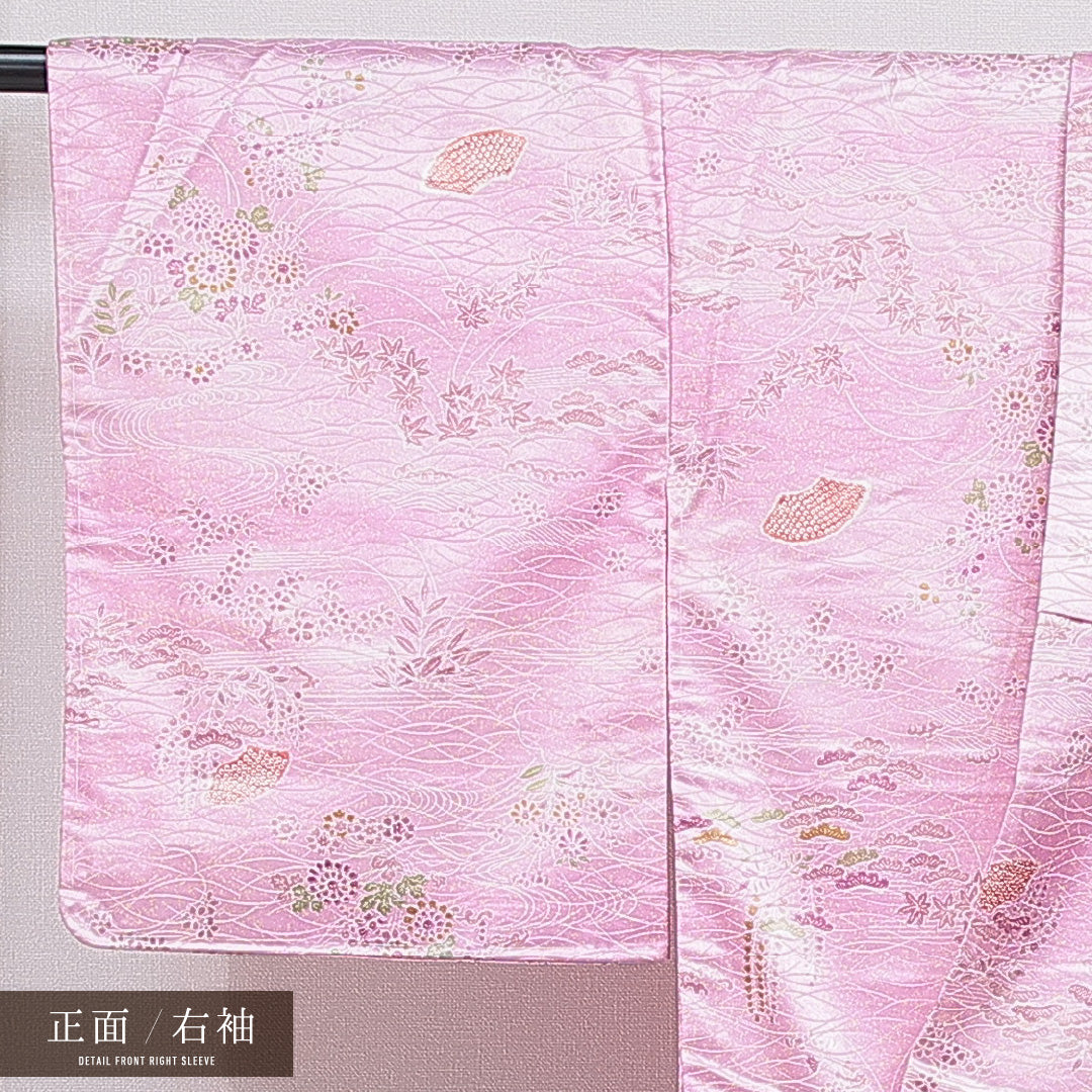 洗える着物 小紋 袷 身丈156cm 裄丈63cm ポリエステル Sランク インフォーマル 広衿 Mサイズ 芝草 菊 紅葉 ピンク系 RP 1221-15979