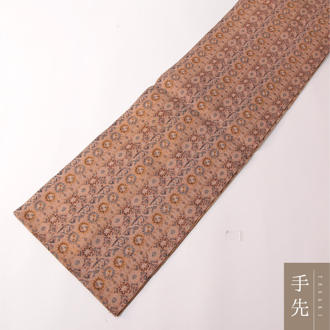 八寸名古屋帯 Sランク 帯丈340cm 正絹 全通 開き仕立て 織り カジュアル 紬 花柄 グレーの混ざった深いピンク系 RP 1245-03156