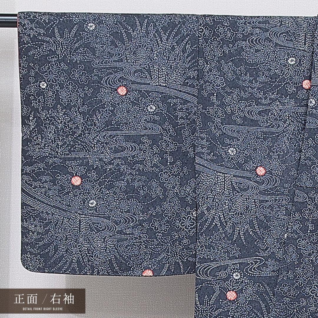 小紋 袷 身丈156cm 裄丈63cm 正絹 Sランク インフォーマル 広衿 Mサイズ 流水 梅 紺系 RP 1221-15642