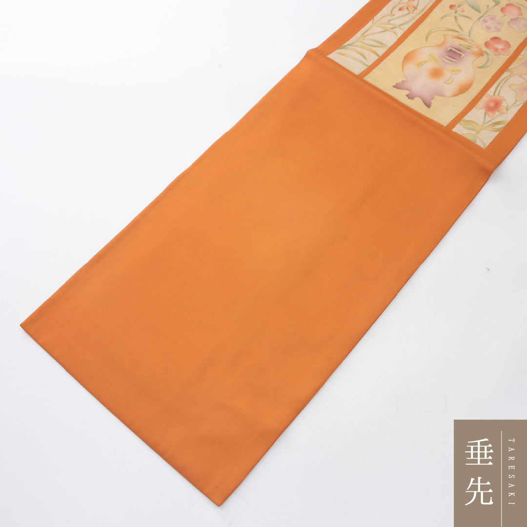九寸名古屋帯 帯丈370cm インフォーマル 名古屋仕立て ポイント柄 Cランク 正絹 染め帯 塩瀬 花瓶 花柄 朱系 1224-04084