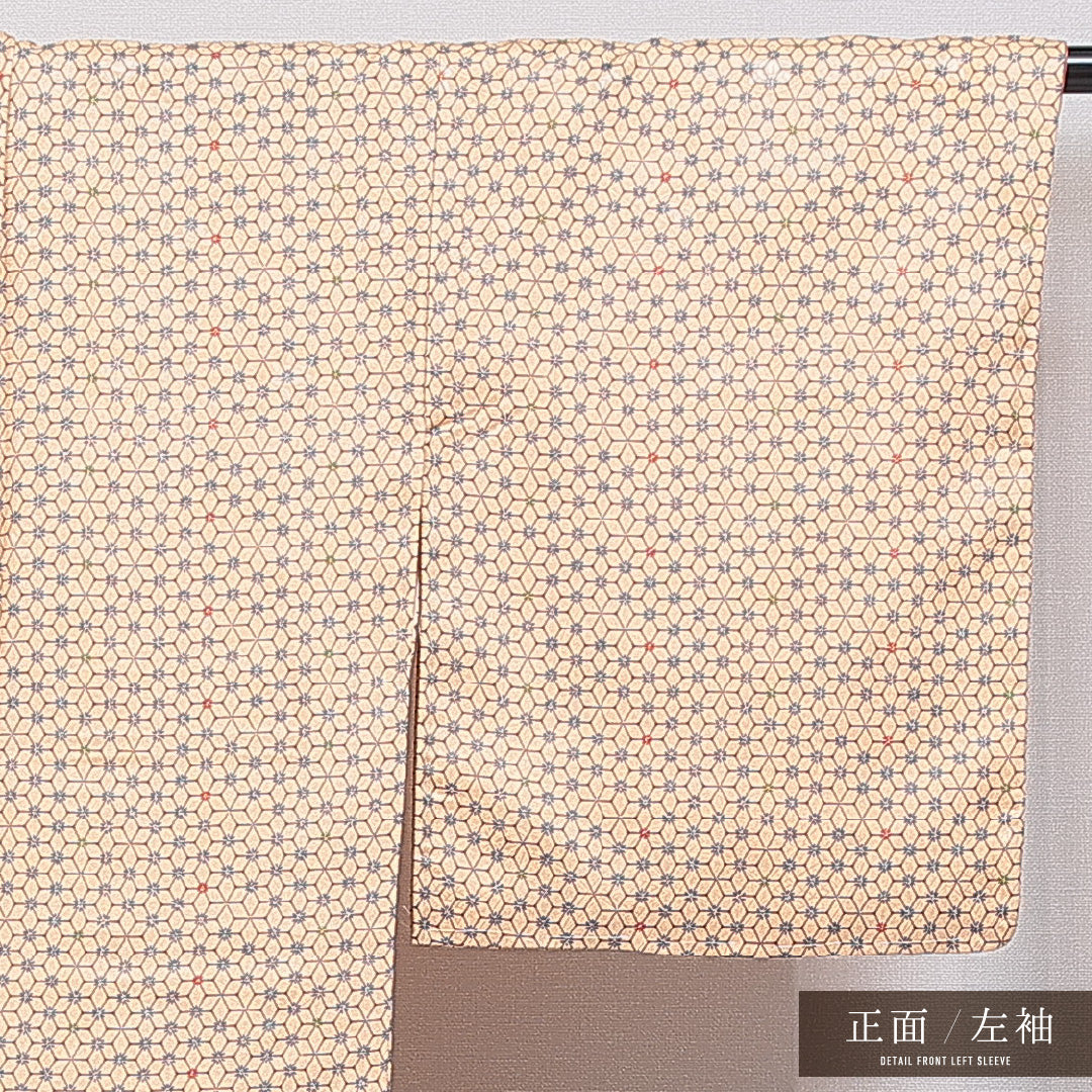 洗える着物 小紋 袷 身丈158cm 裄丈64cm ポリエステル Sランク インフォーマル 広衿 Mサイズ 麻の葉 朱系 RP 1221-16007