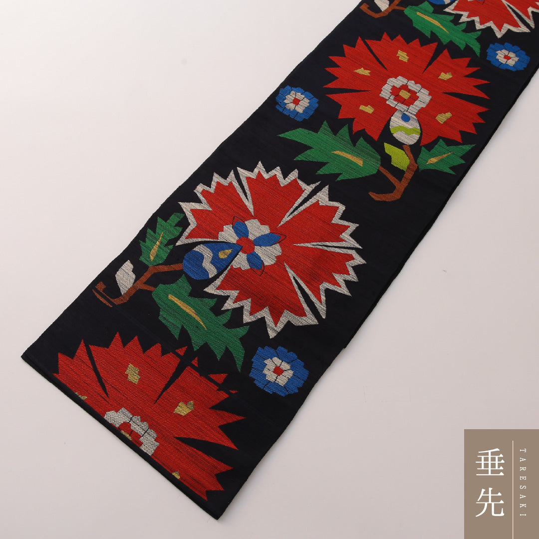 袋帯 帯丈424cm カジュアル 六通 帯芯なし Sランク 正絹 花柄 紺系 1223-01906