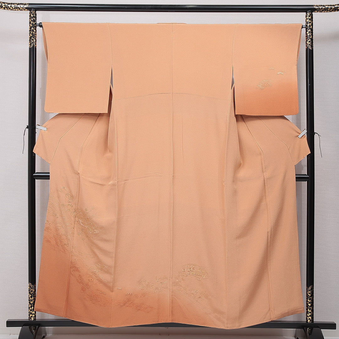 訪問着 身丈155cm 裄丈62cm 正絹 Sランク Mサイズ 広衿 一つ紋（五三桐） セミフォーマル 吉祥文様 刺繍 茶系 1212-15491