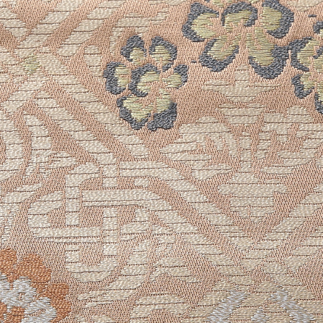 九寸名古屋帯 帯丈343cm カジュアル 名古屋仕立て 六通 Aランク 正絹 菱 花柄 ベージュ系 1224-03837