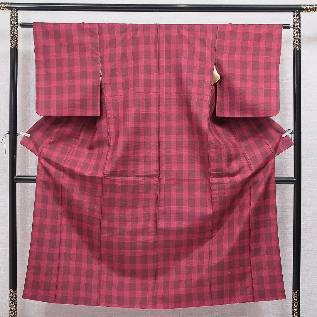 紬 袷 身丈147cm 裄丈62cm 正絹 Cランク カジュアル 広衿 XSサイズ 格子 赤系 LP 1223-16419