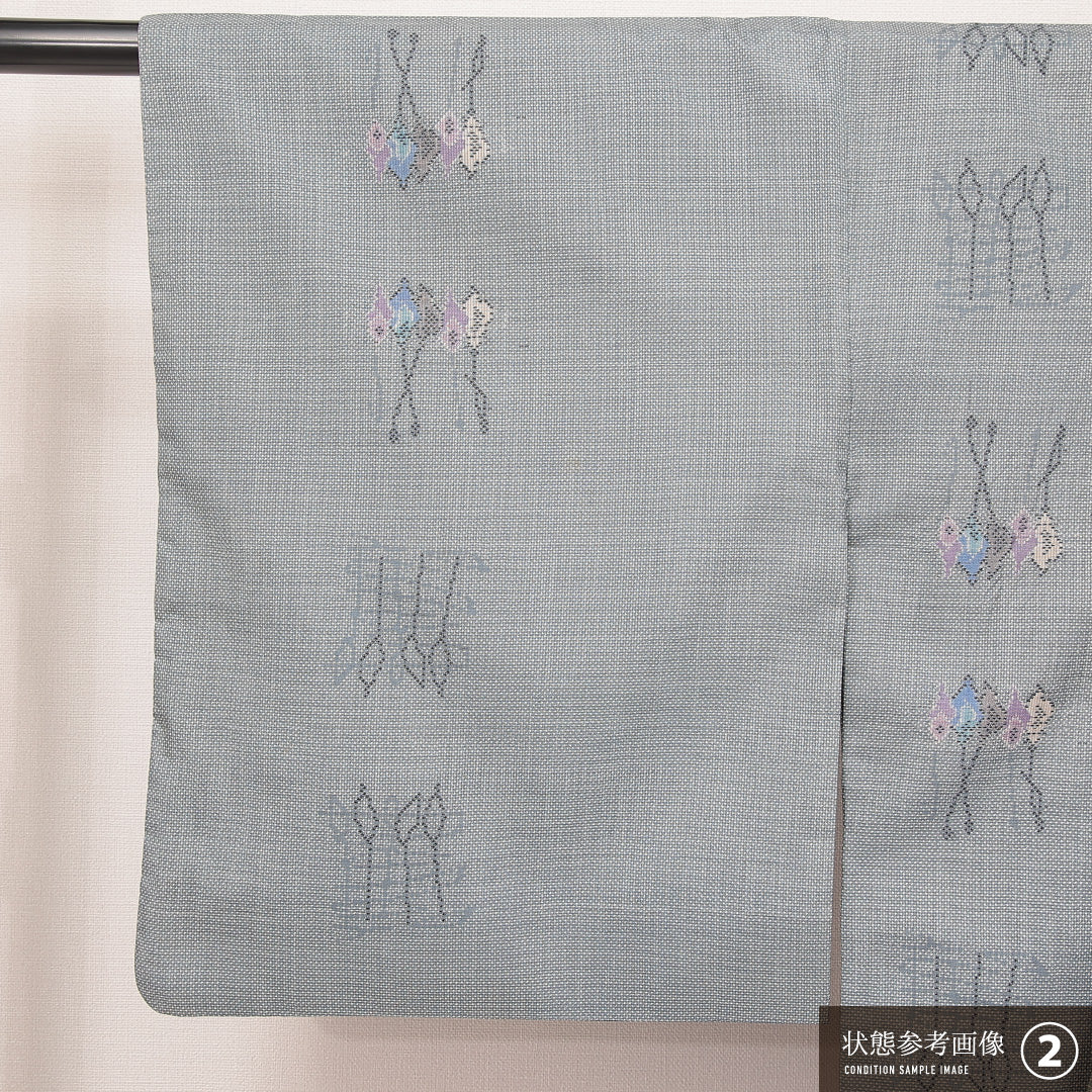 洗える着物 紬 袷 身丈158cm 裄丈62cm ポリエステル Bランク カジュアル 広衿 Mサイズ 創作柄 グレー系 RP 1223-16900