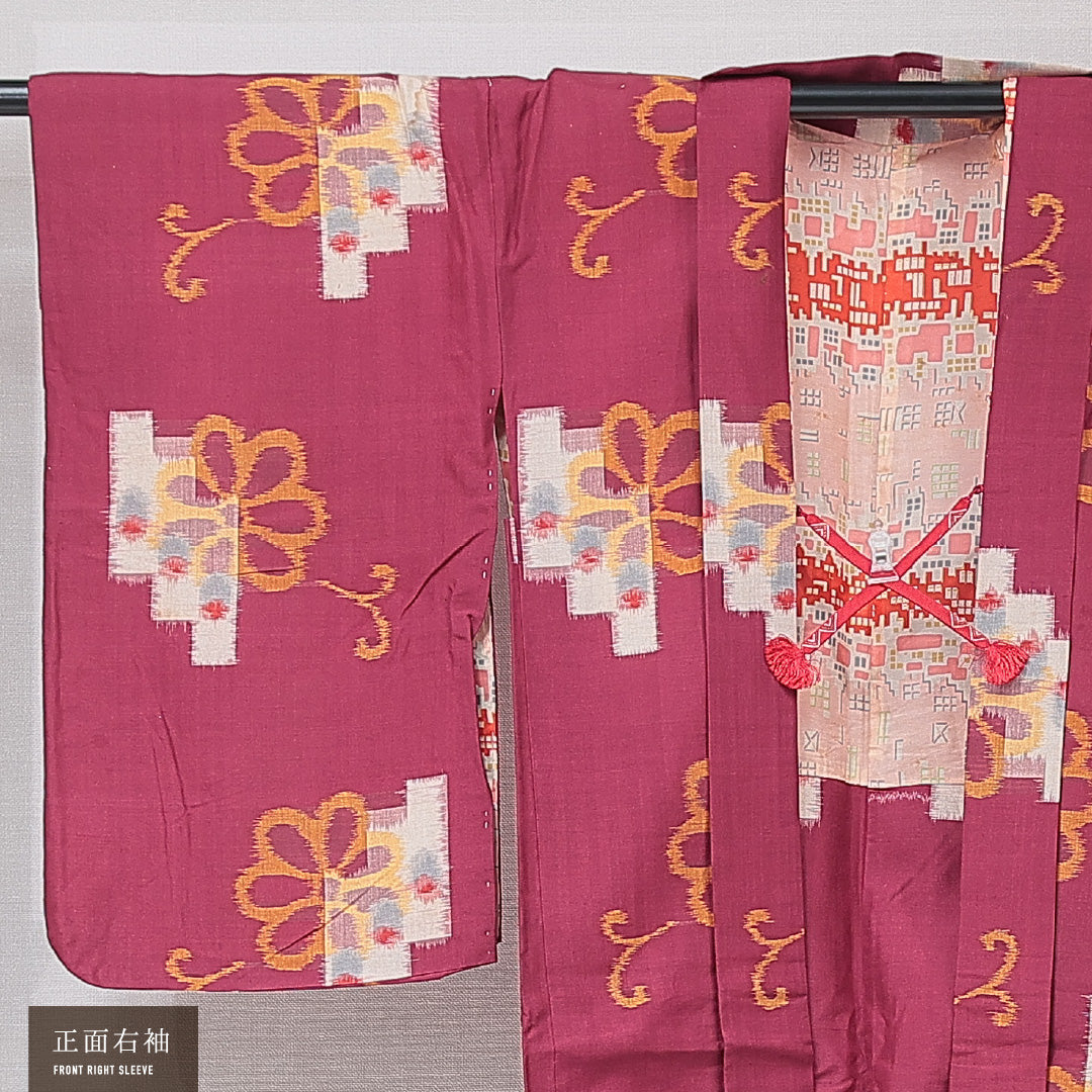 アンティーク 羽織（銘仙） 袷 身丈97cm 裄丈63cm 正絹 Aランク Sサイズ バチ衿 紐あり 菊 紫系 赤系 1217-15178