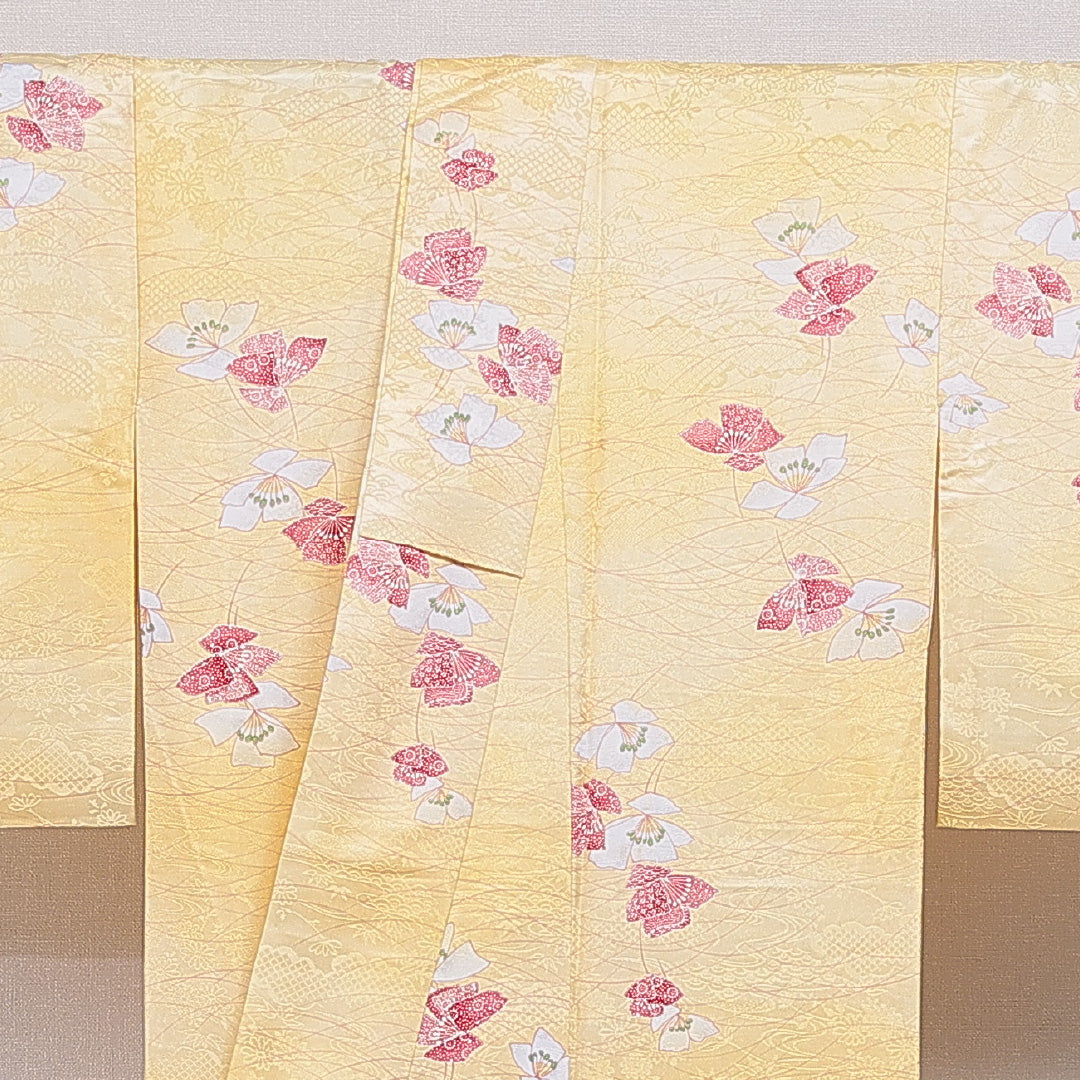 洗える着物 小紋 袷 身丈157cm 裄丈64cm ポリエステル Cランク インフォーマル バチ衿 Mサイズ 花柄 黄系 LP 1221-16433