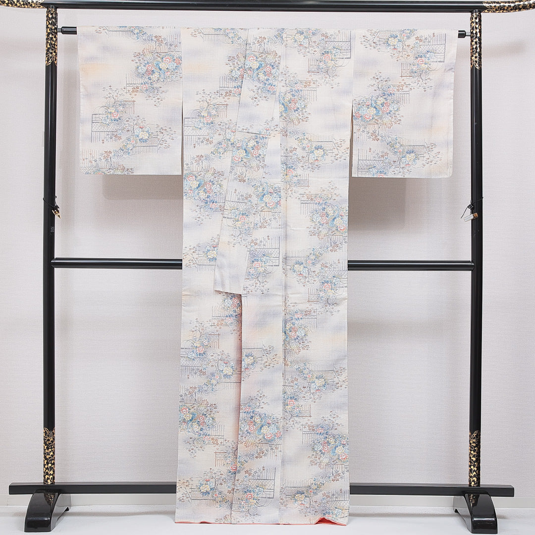 紬 袷 身丈164cm 裄丈66cm 正絹 Aランク Lサイズ 広衿 カジュアル 牡丹 クリーム系 1216-16662