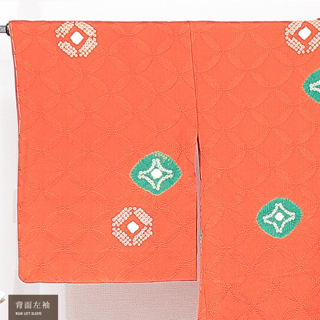 羽織 袷 身丈77cm 裄丈64cm 正絹 Sランク Mサイズ バチ衿 カジュアル 紐あり 鹿の子柄 七宝 朱系 1217-15138