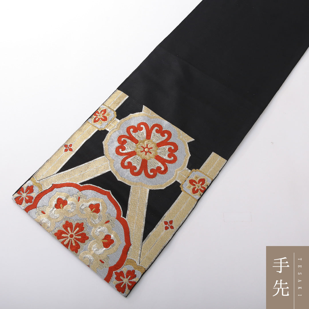 アンティーク袋帯】 帯丈400cm 正絹 六通 鏡裏文 吉祥文様 黒系 1243-02088