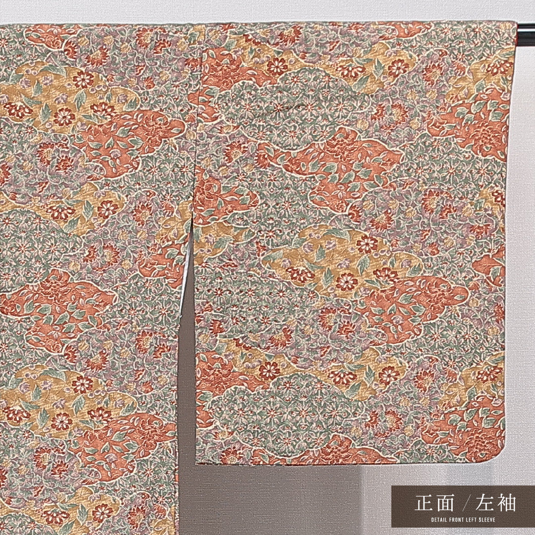 小紋 洗える着物 袷 身丈165cm 裄丈67cm ポリエステル Sランク XLサイズ 広衿 インフォーマル 花柄 多色系 茶系 1215-15799