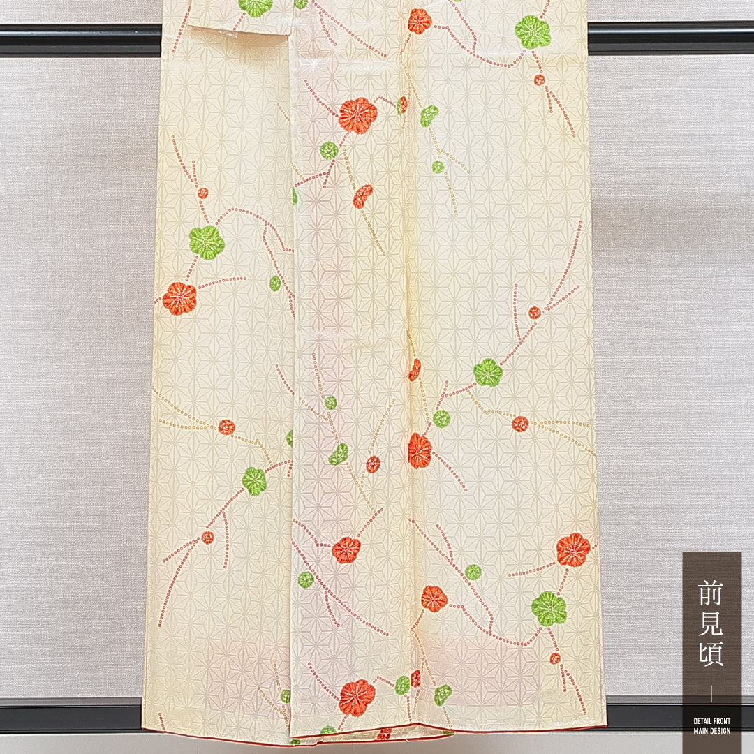 洗える着物 小紋 袷 身丈153cm 裄丈62cm ポリエステル Aランク インフォーマル 広衿 Sサイズ 麻の葉 梅 黄系 RP 1221-16348