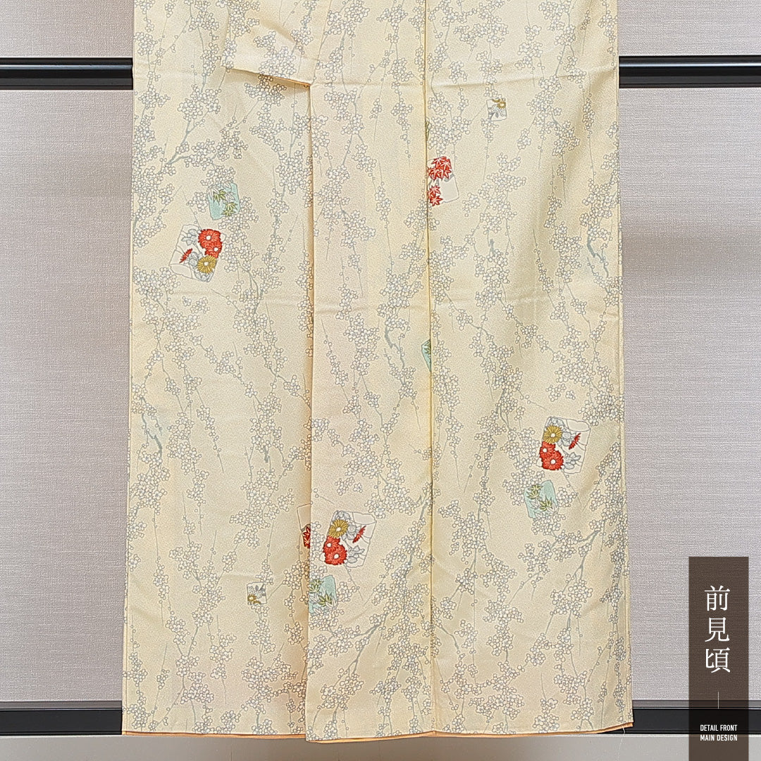 洗える着物 小紋 袷 身丈154cm 裄丈64cm ポリエステル Aランク インフォーマル 広衿 Sサイズ 梅 桜 黄系 HP 1221-16377