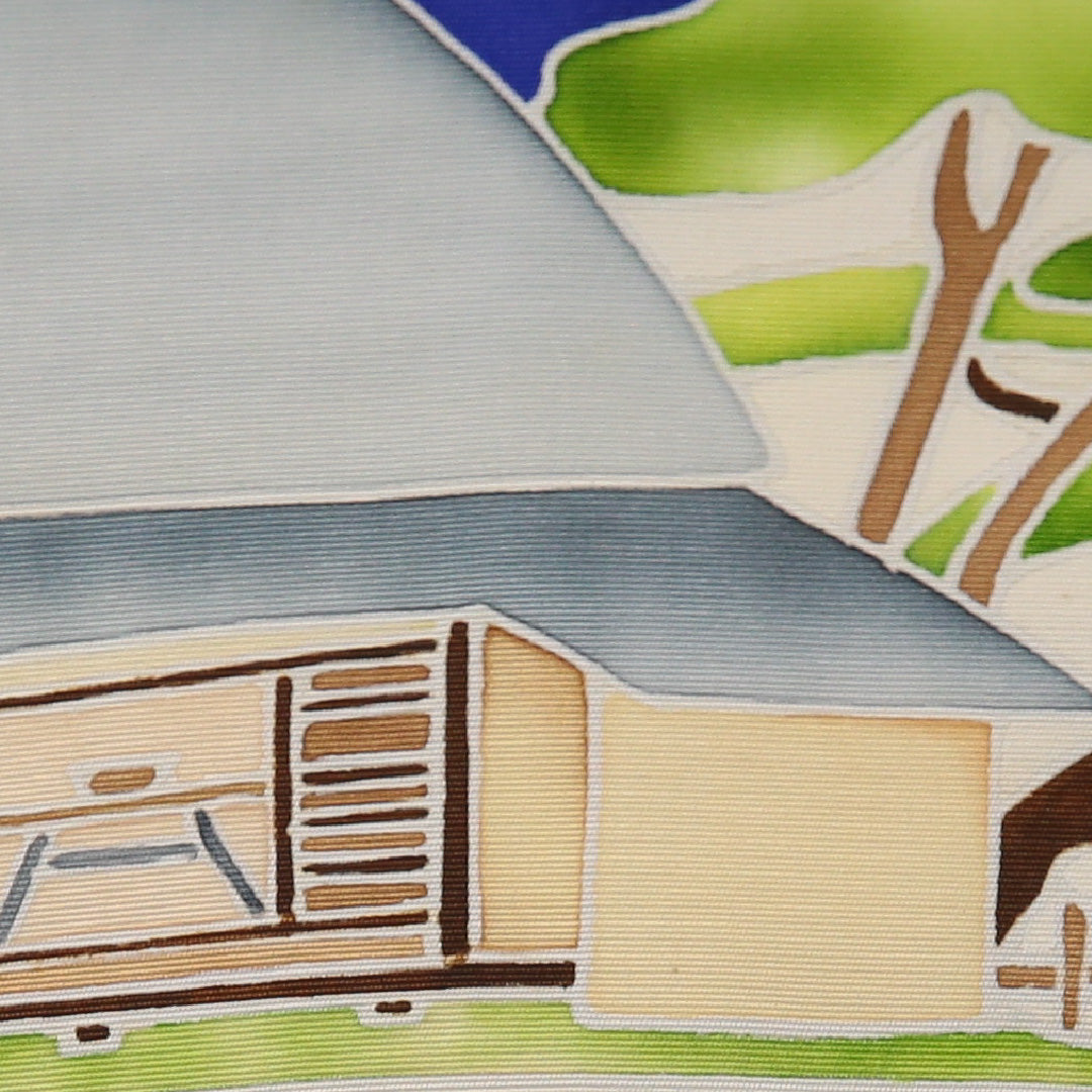 九寸名古屋帯 帯丈381cm カジュアル 名古屋仕立て ポイント柄 Bランク 正絹 染め帯 塩瀬 風景柄 青系 1224-03494